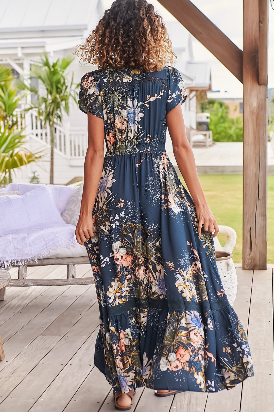 JAASE - Carmen Maxi Dress: Butterfly Cap Sleeve Button Down A Line Dress with Lace Trim in Indigo Print