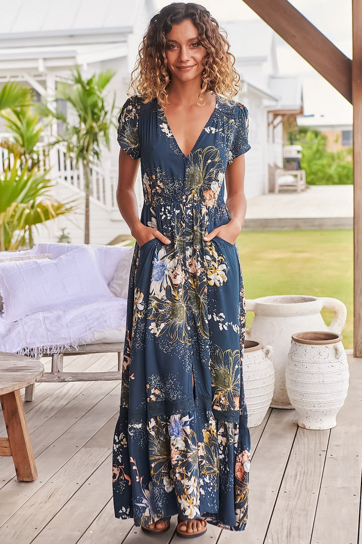 JAASE - Carmen Maxi Dress: Butterfly Cap Sleeve Button Down A Line Dress with Lace Trim in Indigo Print