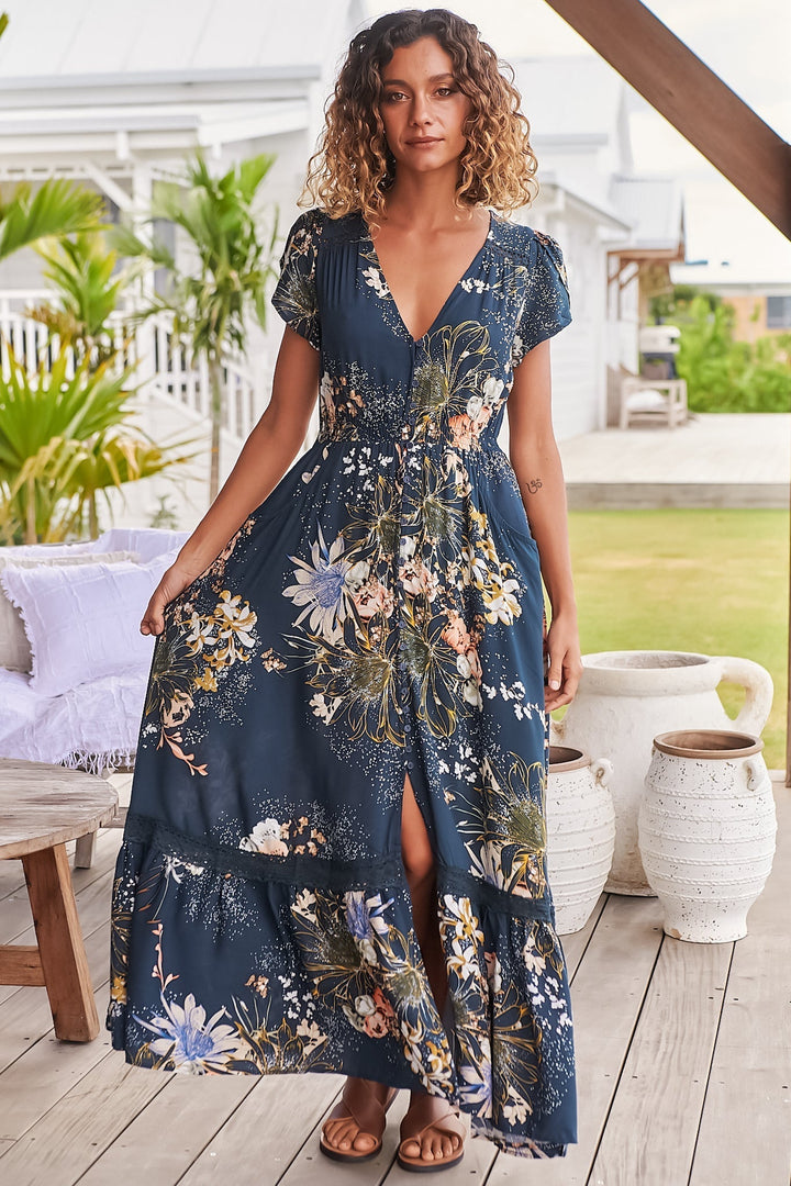 JAASE - Carmen Maxi Dress: Butterfly Cap Sleeve Button Down A Line Dress with Lace Trim in Indigo Print