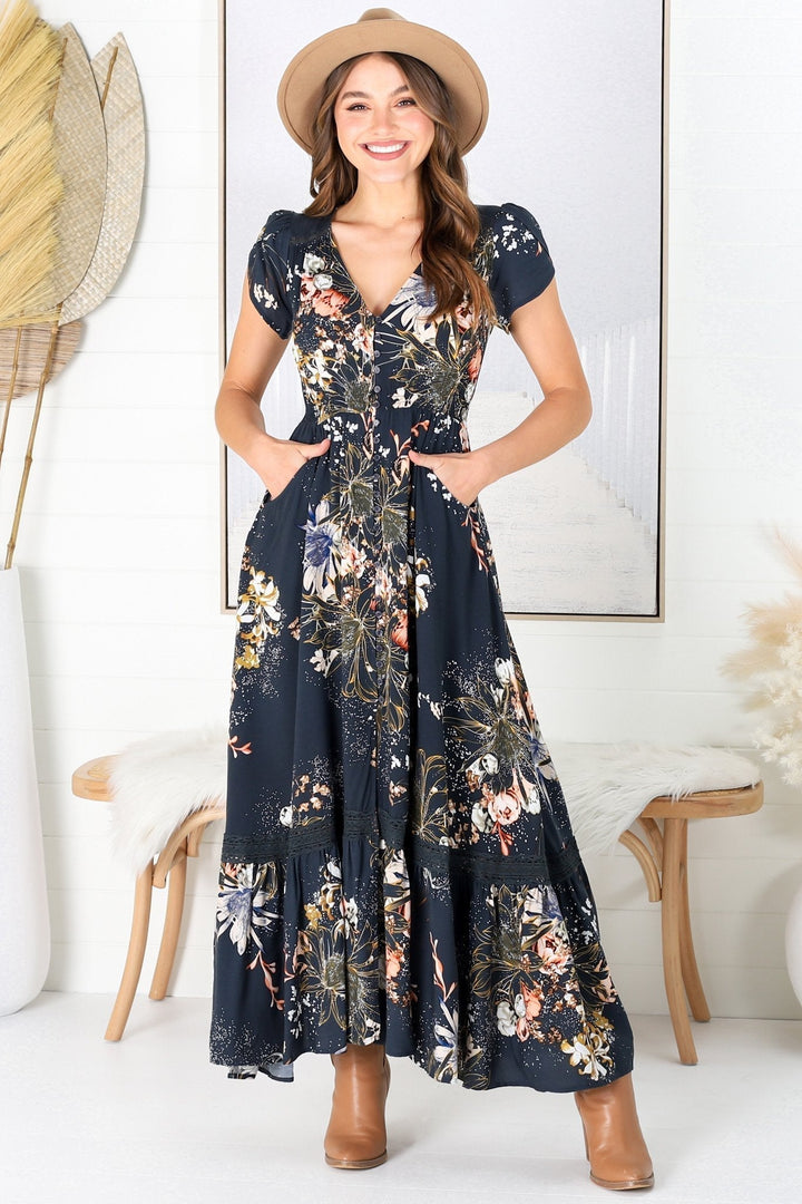 JAASE - Carmen Maxi Dress: Butterfly Cap Sleeve Button Down A Line Dress with Lace Trim in Indigo Print