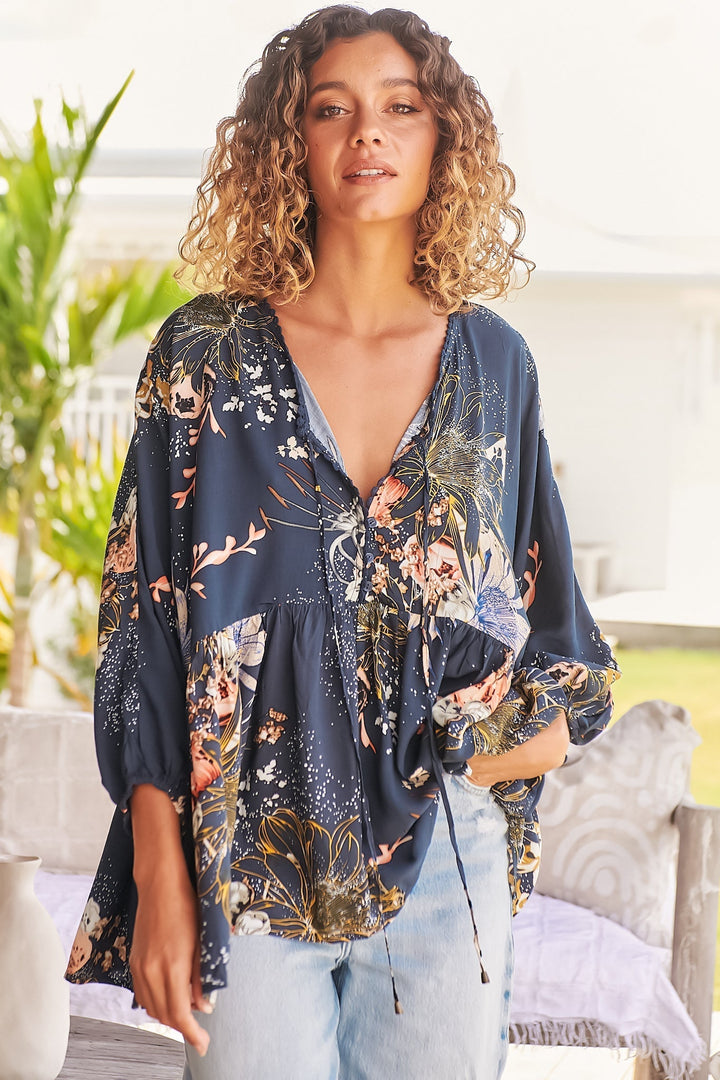 JAASE - Chloe Top: Very Oversized Crochet Trim Neckline Smock Top in Indigo Print