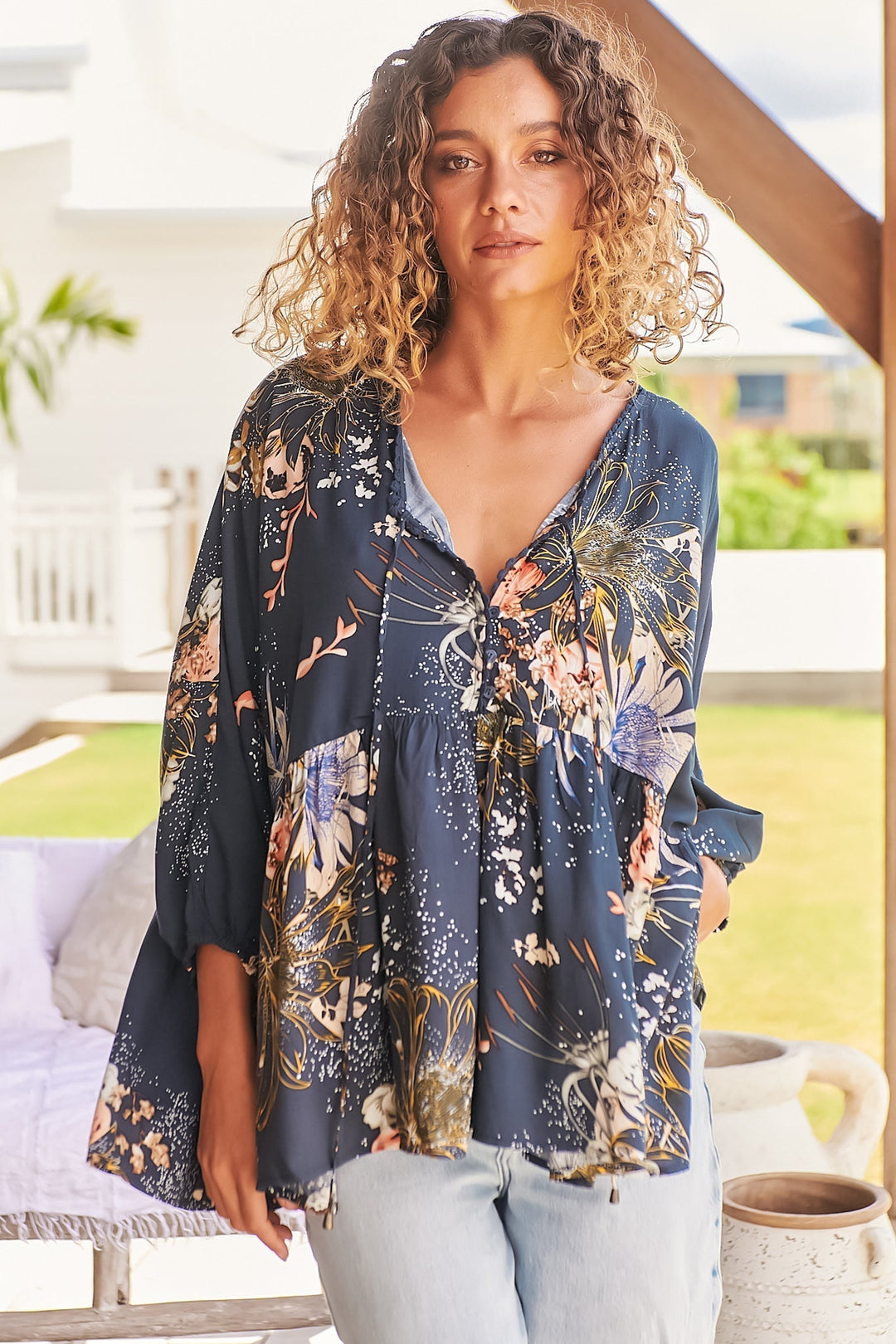 JAASE - Chloe Top: Very Oversized Crochet Trim Neckline Smock Top in Indigo Print