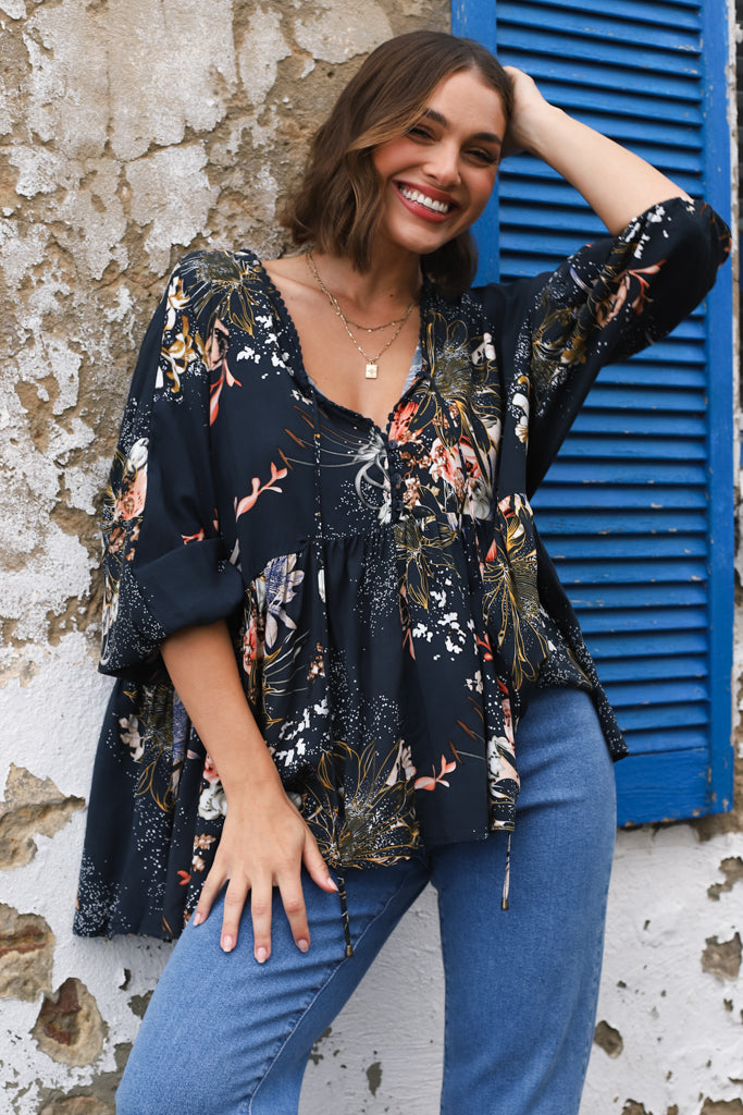 JAASE - Chloe Top: Very Oversized Crochet Trim Neckline Smock Top in Indigo Print